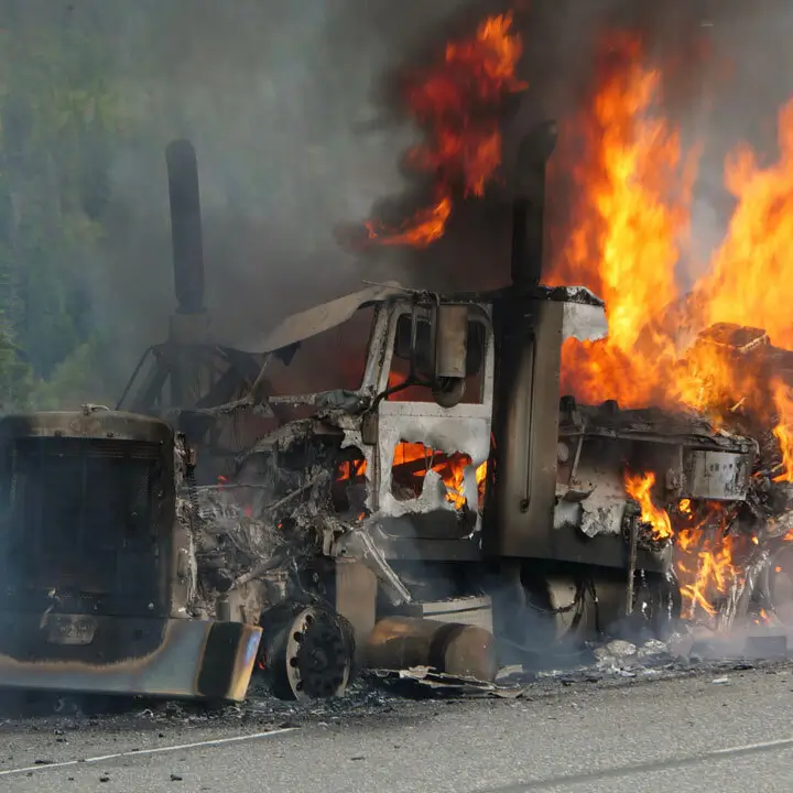 damaged truck in fire